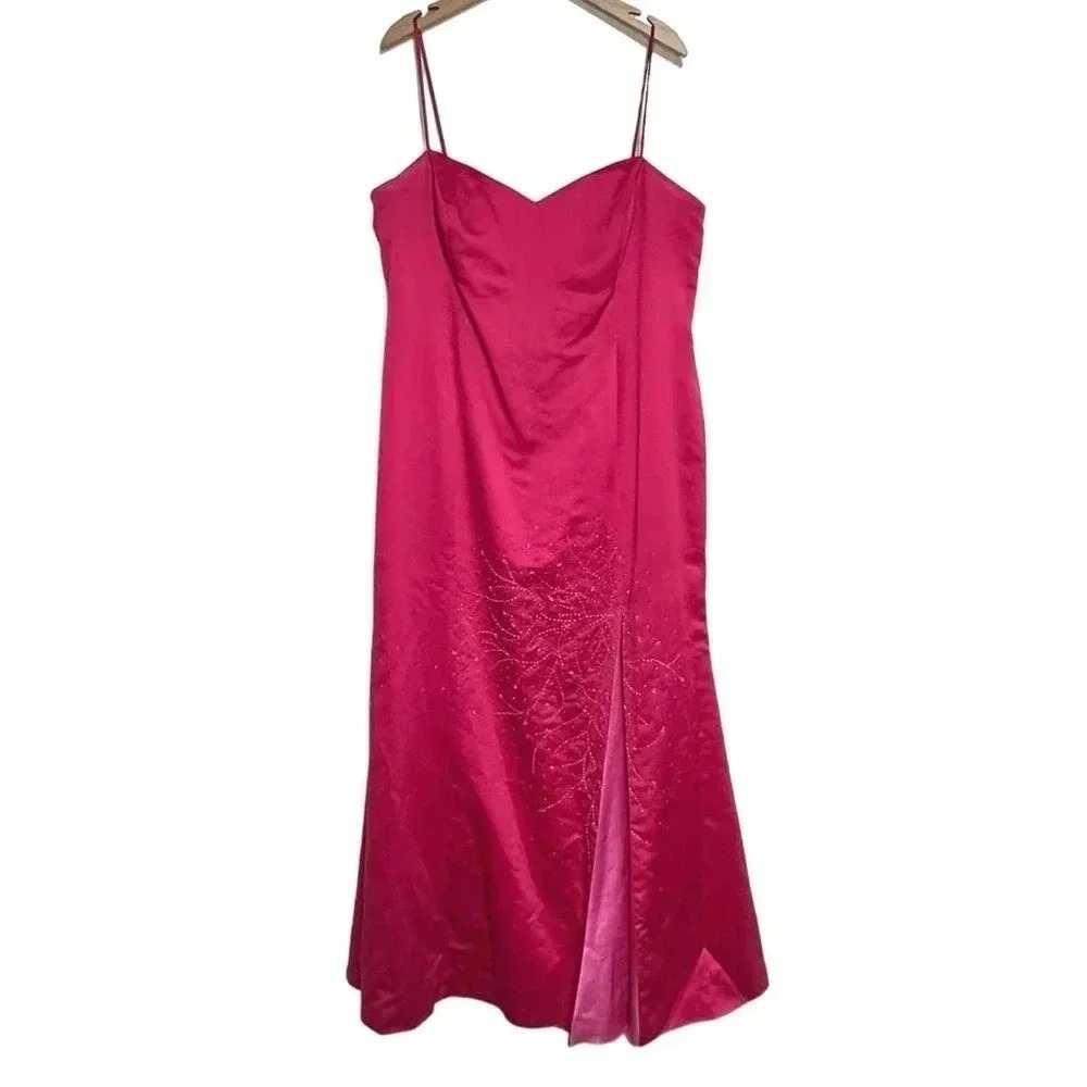 David's Bridal Evening Gown 18 Pink Beaded Front Slit Formal Dress
